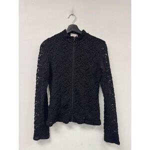 VTG Papillon Blanc Jacket Juniors XL Black Lace Floral Full Zip Lined Short Y2K